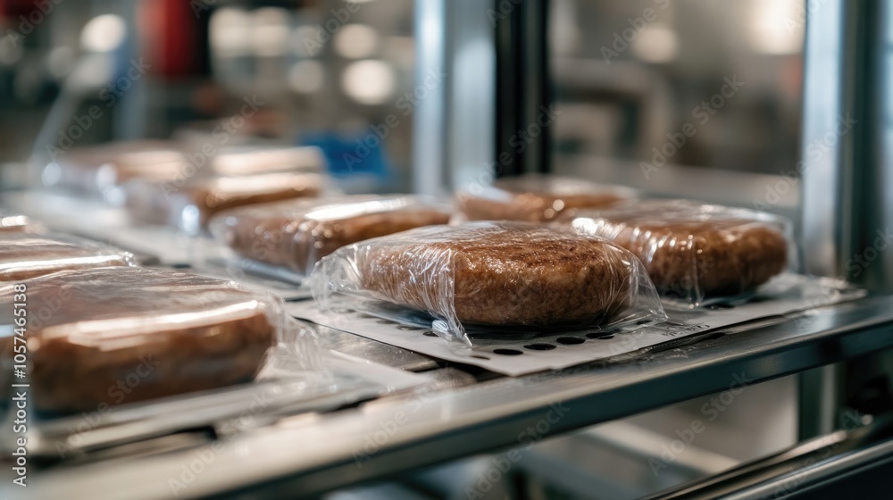 Burger Cutlet Packaging with Adhesive Tape in a Food Manufacturing Facility Burger Cutlet Packaging with Adhesive Tape in a Food Manufacturing Facility