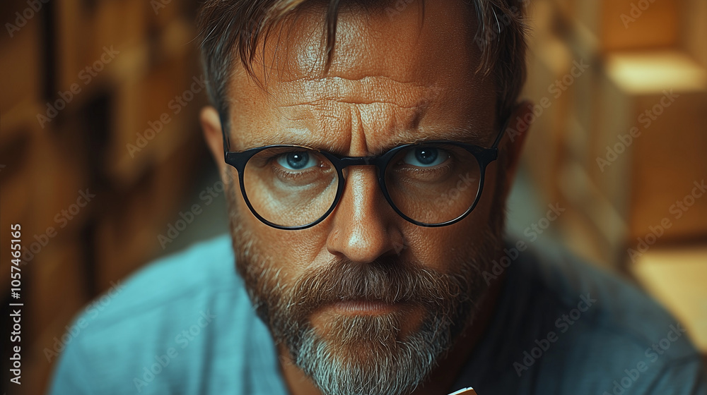 Intense Gaze: A determined man with piercing blue eyes stares directly at the camera, his expression conveying a mix of intensity, focus, and maybe even a hint of frustration. Intense Gaze: A determined man with piercing blue eyes stares directly at the camera, his expression conveying a mix of intensity, focus, and maybe even a hint of frustration.