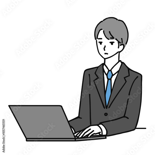 Illustration of a young businessman operating a laptop computer in a bored manner.