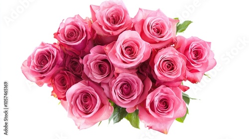 Vibrant pink rose bouquet on a white background viewed from above