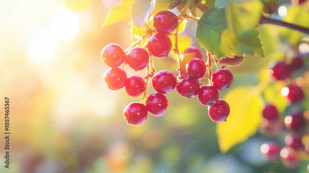 A bunch of mature berries dangling from a branch in a brightly lit garden A bunch of mature berries dangling from a branch in a brightly lit garden