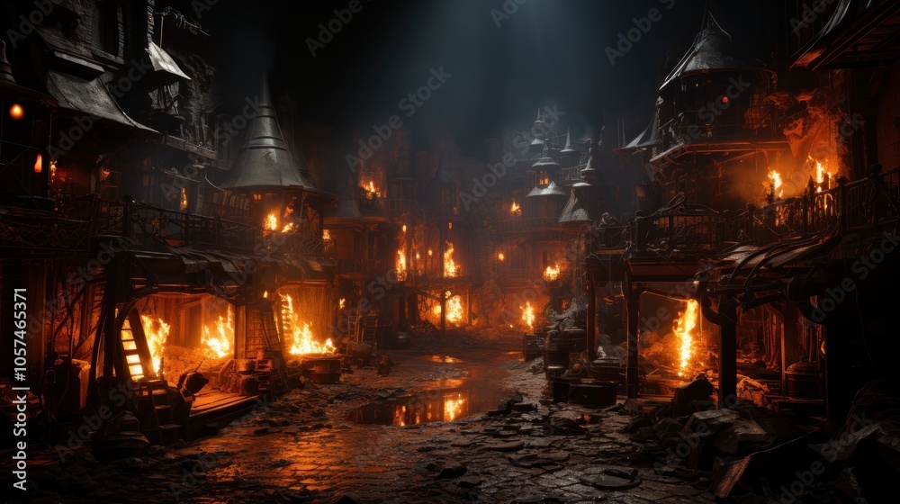 Obraz premium Burning Medieval Town