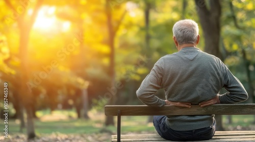 Senior man sitting on a park bench, massaging his lower back, realistic outdoor environment