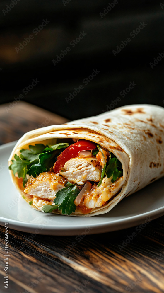 Delicious chicken wrap with fresh cilantro and red peppers on a white plate, complemented by vibrant veggies for a nutritious meal Delicious chicken wrap with fresh cilantro and red peppers on a white plate, complemented by vibrant veggies for a nutritious meal