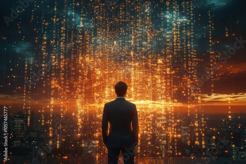 A figure stands before a digital landscape of glowing data, symbolizing technology and insight.