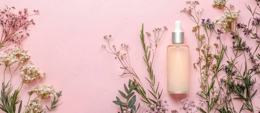 Cosmetics Bottle With Beauty Product And Wild Plants On Pink Background Natural Skin And Hair Care Wellbeing Concept Copy Space Cosmetics Bottle With Beauty Product And Wild Plants On Pink Background Natural Skin And Hair Care Wellbeing Concept Copy Space
