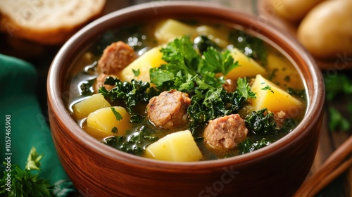 A flavorful bowl of kale and sausage soup with potatoes garnished with fresh parsley on the side