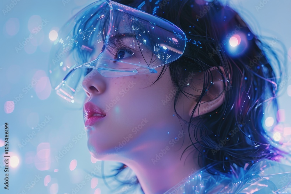 A futuristic portrait of a person with glasses, surrounded by vibrant, glowing elements. A futuristic portrait of a person with glasses, surrounded by vibrant, glowing elements.