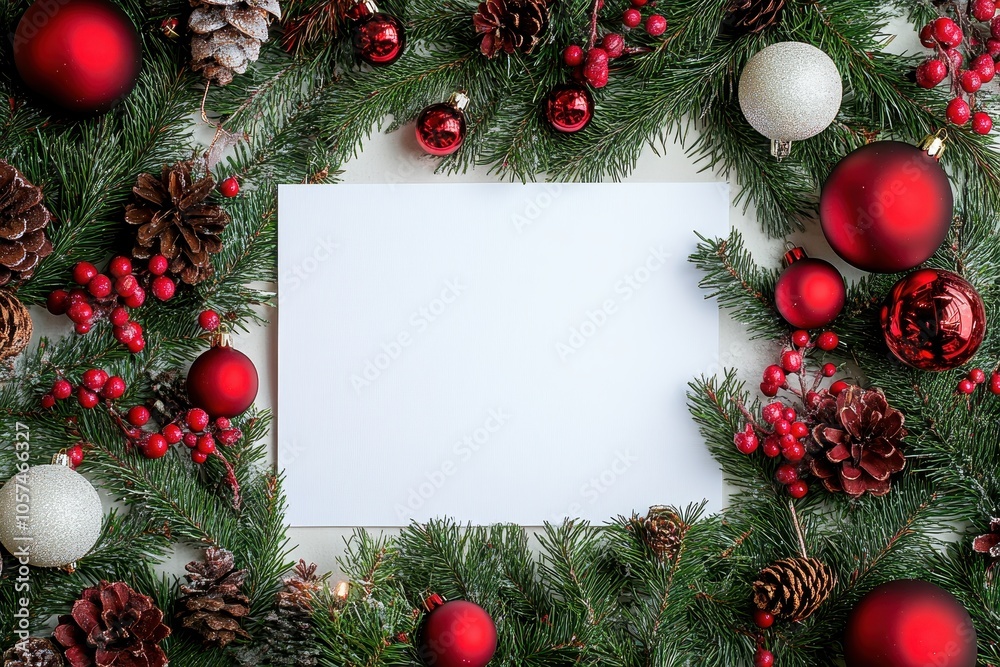 A festive arrangement of pine branches, ornaments, and cones surrounding a blank card for holiday greetings A festive arrangement of pine branches, ornaments, and cones surrounding a blank card for holiday greetings