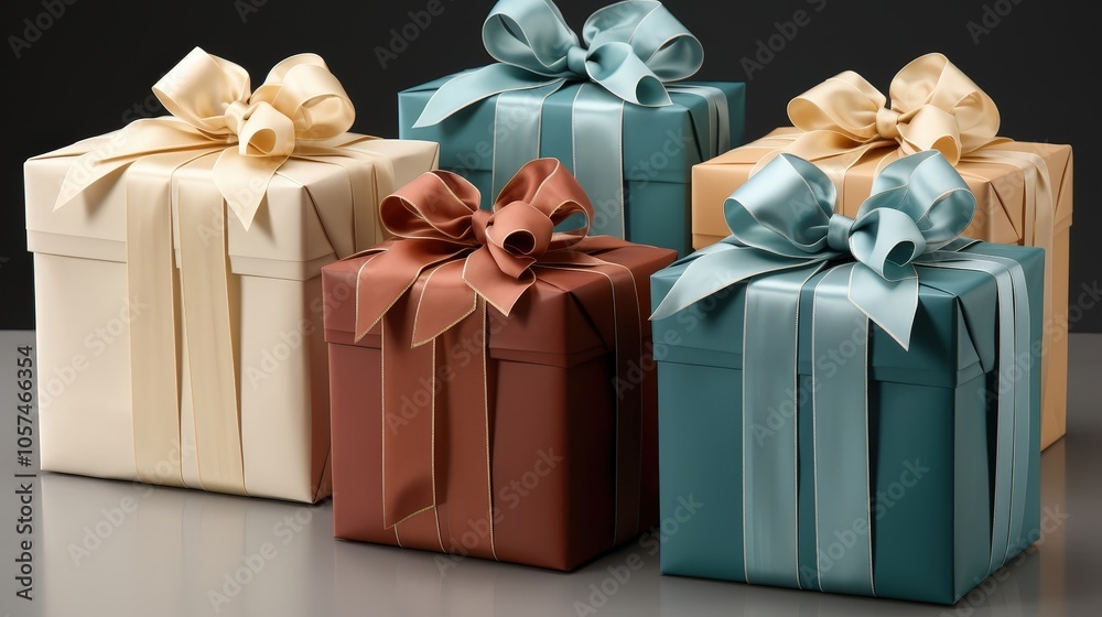 Obraz premium A row of beautifully wrapped gifts with satin ribbon bows and contrasting colors, a perfect gift for any occasion.