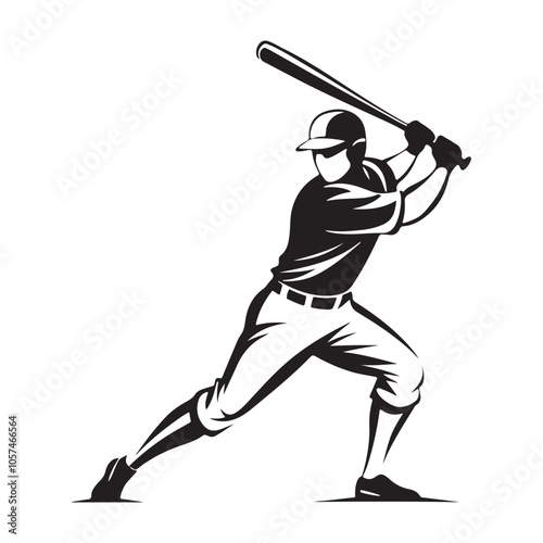 Silhouette of a Baseball Player Mid Swinging Bat.  A bold silhouette of a baseball player in action, captured mid-swing with a bat. Perfect for sports, athletics, and competitive spirit themes.
