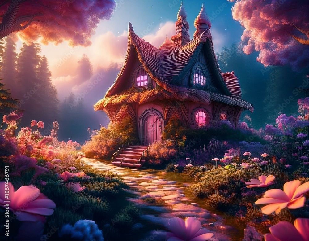 wonderful fairy house in fairytale forest with a path among flowers and grasses wonderful fairy house in fairytale forest with a path among flowers and grasses