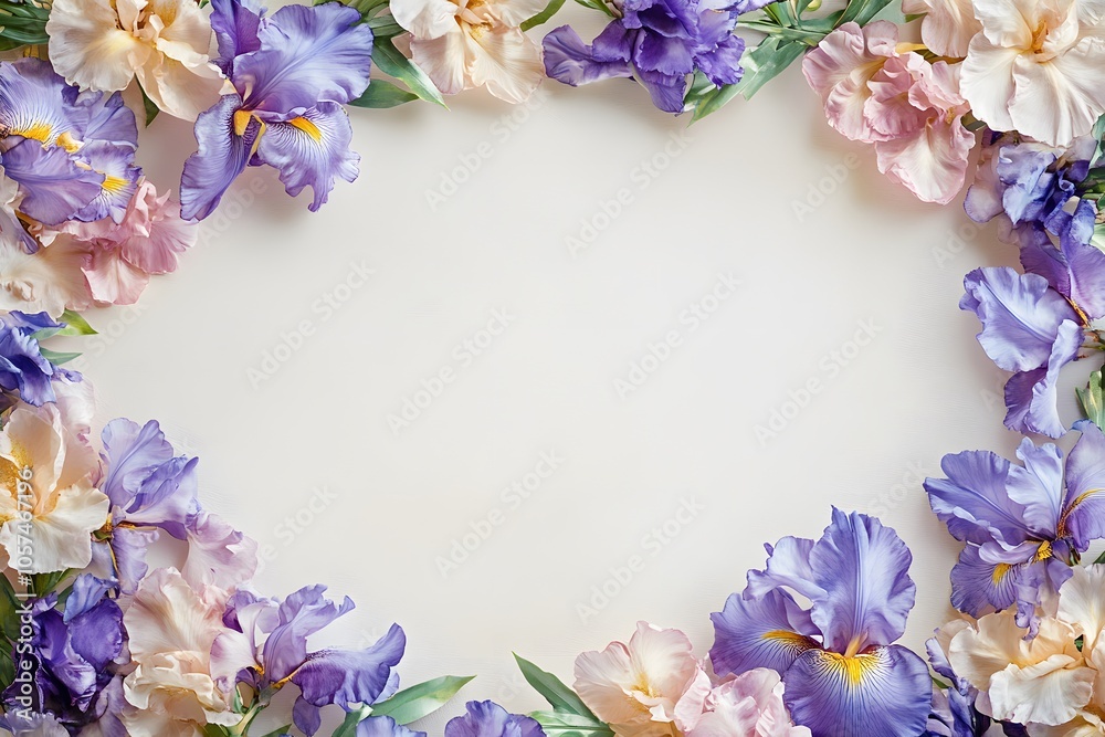 Purple and Pink Irises Bordering White Background Purple and Pink Irises Bordering White Background