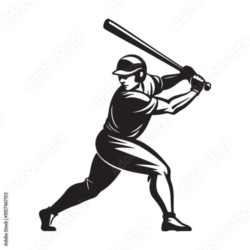 Silhouette of a Baseball Player Mid Swinging Bat.  A bold silhouette of a baseball player in action, captured mid-swing with a bat. Perfect for sports, athletics, and competitive spirit themes.
