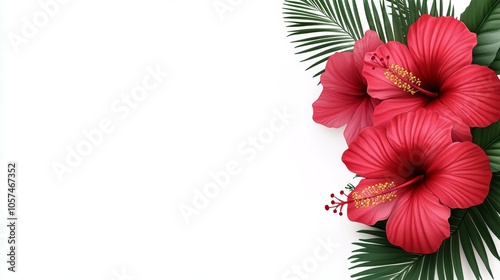 Tropical Hibiscus Flowers with Palm Leaves on White Background