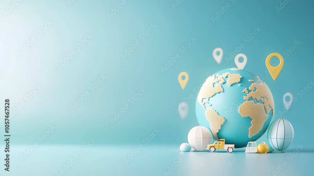 Globe with location icons, multiple regions marked, navigation theme, 3D illustration Globe with location icons, multiple regions marked, navigation theme, 3D illustration