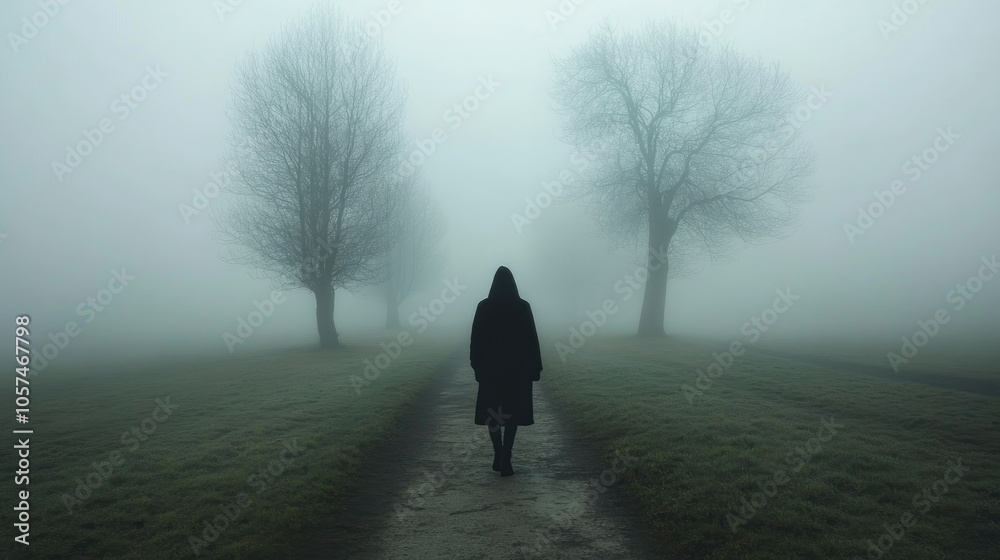 A lone person in a hooded coat strolls along a misty tree bordered pathway evoking a sense of mystery and eeriness A lone person in a hooded coat strolls along a misty tree bordered pathway evoking a sense of mystery and eeriness