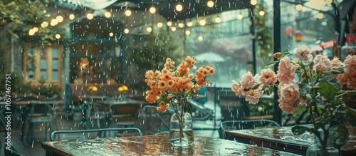 Flowers In The Rain In A Summer Cafe