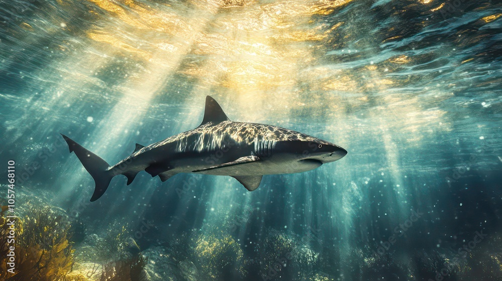 Fototapeta premium A shark swimming gracefully beneath shimmering water rays.