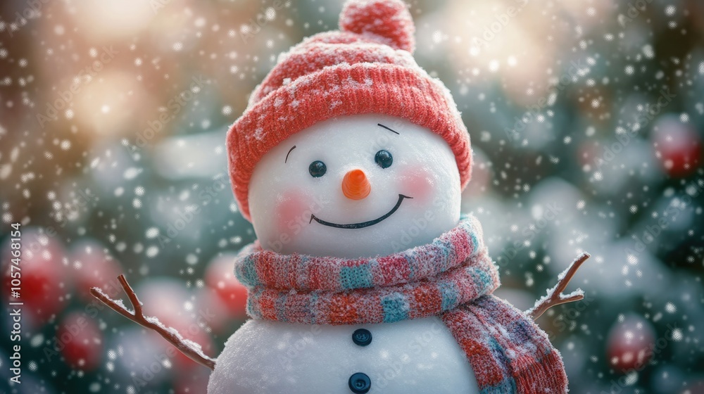 Joyful snowman adorned with a winter hat and scarf smiling for the camera Joyful snowman adorned with a winter hat and scarf smiling for the camera