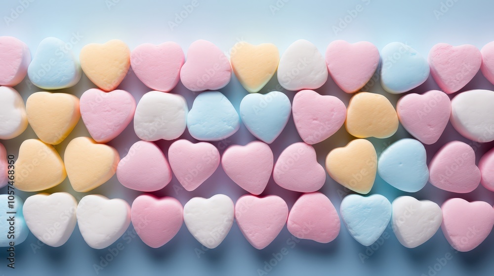 A row of pastel heart-shaped candies, reminiscent of love and sweet dreams. A row of pastel heart-shaped candies, reminiscent of love and sweet dreams.