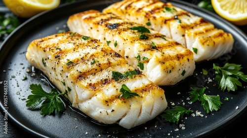 Grilled cod fillets served with lemon wedges and parsley presented on a black plate