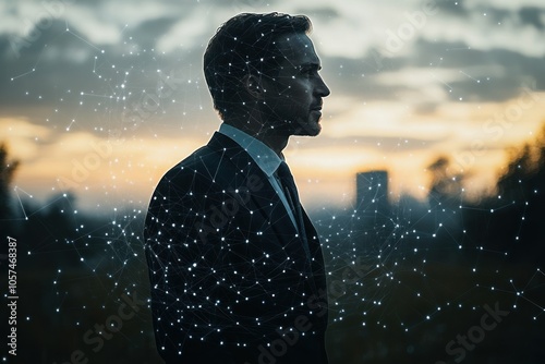 A silhouette of a man in a suit against a sunset, overlaid with a digital network design.