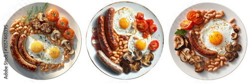 Delicious breakfast plates featuring eggs, sausages, and beans