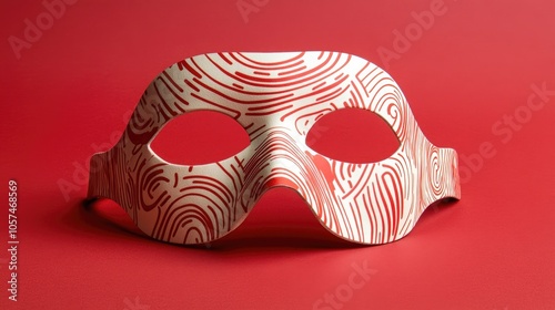 A mask featuring a bold red and white graphic pattern photo