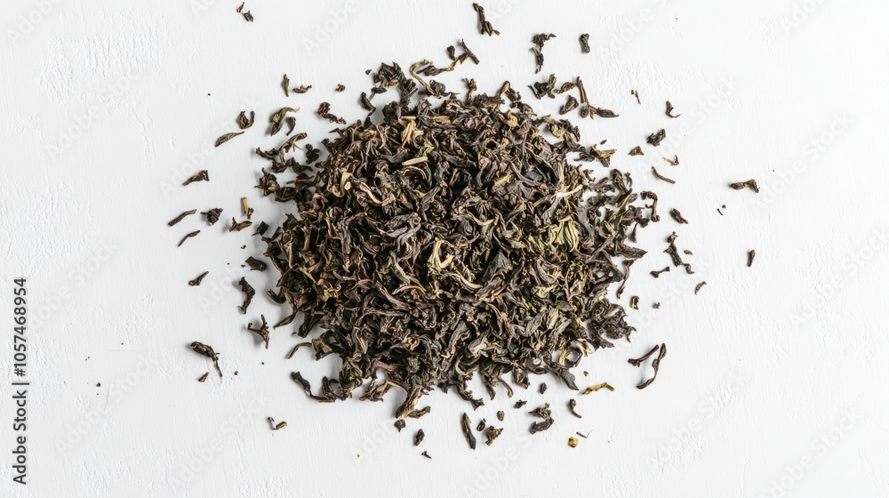 Dried tea leaves arranged on a white surface A top down perspective of a mound of tea leaves Dried tea leaves arranged on a white surface A top down perspective of a mound of tea leaves