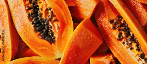 Bright Colorful Organic Delicious Sliced Papaya With Black Seeds Macro Fruit Concept photo