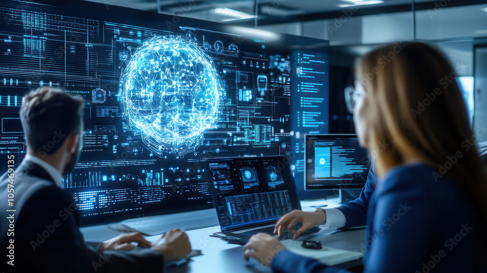 Business professionals analyzing global data visualization on digital screens, showcasing advanced technology and teamwork in modern office environment Business professionals analyzing global data visualization on digital screens, showcasing advanced technology and teamwork in modern office environment