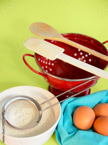 Baking utensils, brown eggs, flour on plain background photo