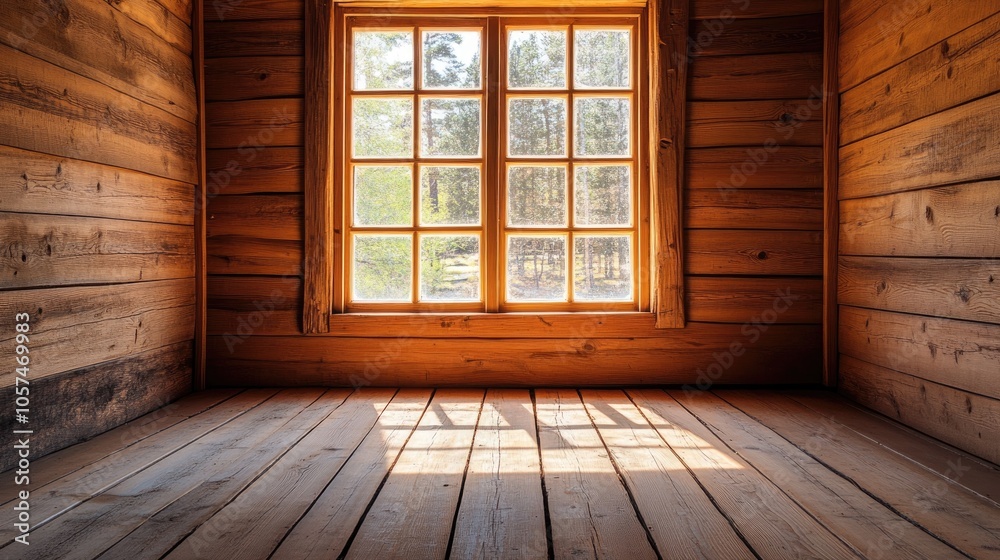 Empty corner of a wooden room featuring a window Empty corner of a wooden room featuring a window