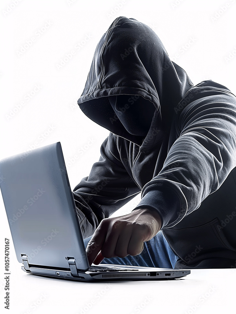Hacker encapuchado usando laptop en fondo blanco Hacker encapuchado usando laptop en fondo blanco