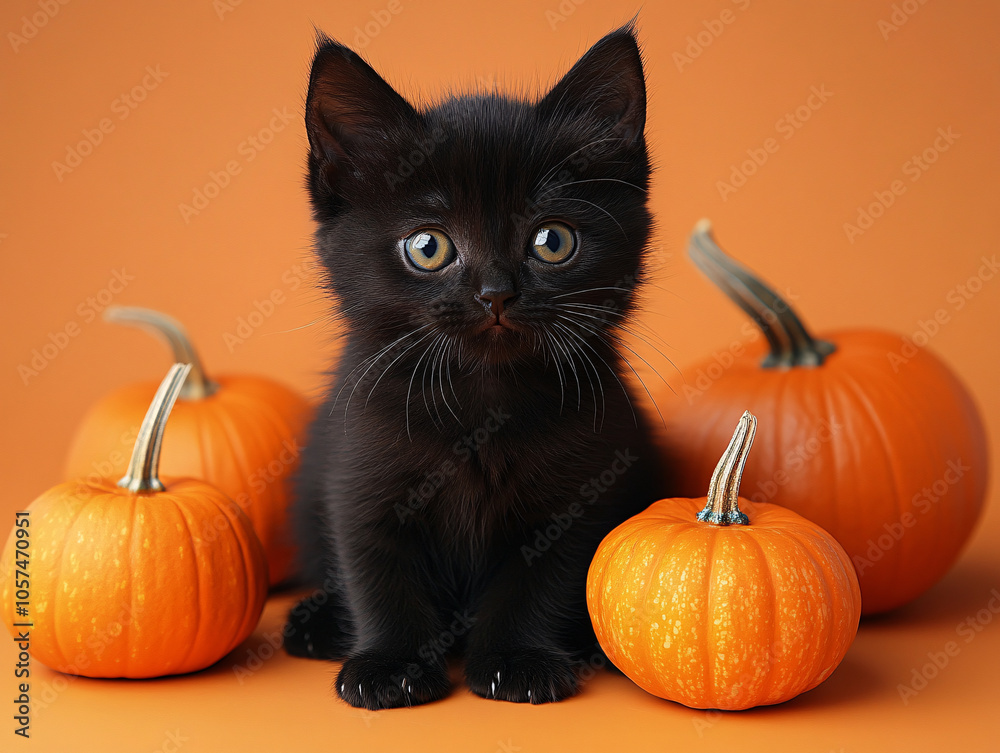 A small black kitten sits on a pumpkin, surrounded by more pumpkins. A small black kitten sits on a pumpkin, surrounded by more pumpkins.