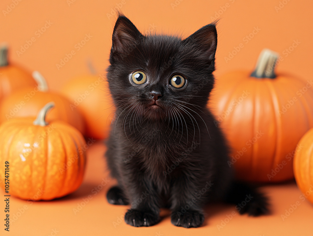 A small black kitten sits on a pumpkin, surrounded by more pumpkins. A small black kitten sits on a pumpkin, surrounded by more pumpkins.