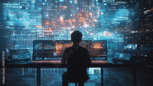 A musician composing music in a futuristic studio using gesture-controlled holographic keyboards and visual soundscapes. The virtual instruments and immersive environment redefine the music 