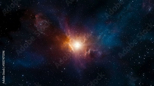 The image shows a bright star surrounded by swirling clouds of cosmic gas and dust, set against a backdrop of twinkling stars in a deep space environment.