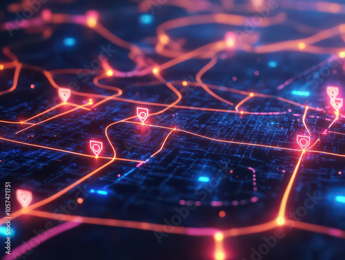 A futuristic, neon-lit city map with glowing location markers indicating points of interest.