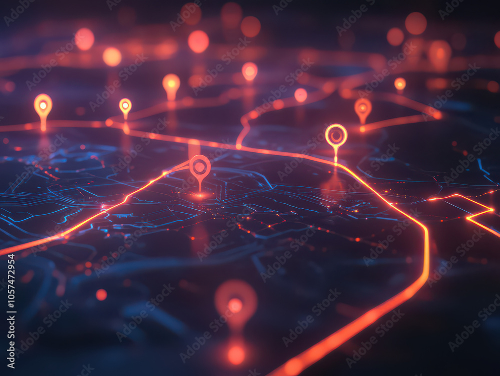 A futuristic, glowing map with location pins, illustrating the concept of GPS, navigation, and tracking. A futuristic, glowing map with location pins, illustrating the concept of GPS, navigation, and tracking.