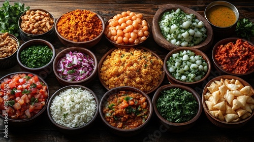 A vibrant spread of various dishes and ingredients arranged in bowls, showcasing a festive meal.