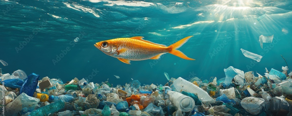 Naklejka premium A vibrant fish swims through a sea of plastic waste, highlighting the urgent issue of ocean pollution and its impact on marine life.