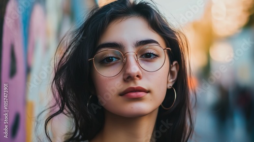 Woman with glasses and a red lipstick is standing in front of a wall