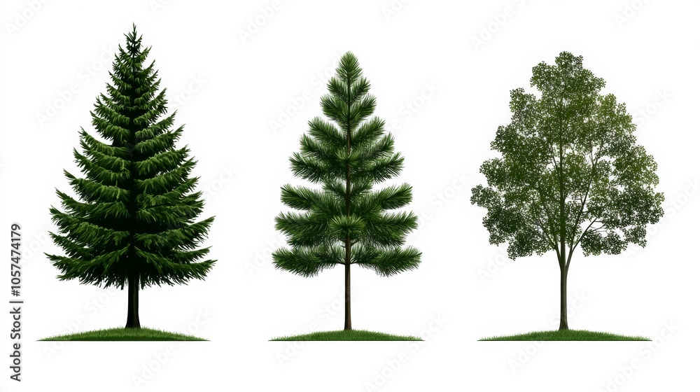 Fototapeta premium Three Green Trees Isolated on White Background Spruce Pine and Deciduous