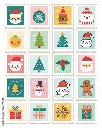 Stamps with Christmas Symbols Santa Claus and Snowman and Christmas tree