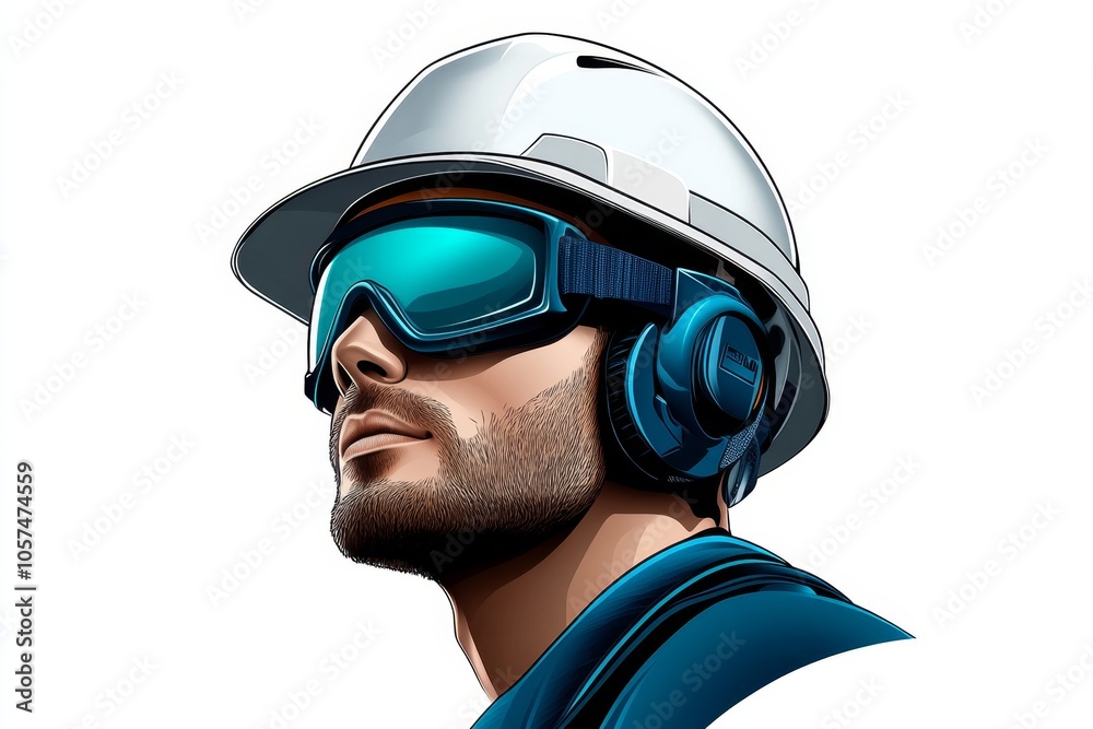2D illustration of a worker with a hard hat and safety goggles, drawn with clean lines on a white background, capturing the essentials of industrial safety gear, symbolizing simplicity and order 2D illustration of a worker with a hard hat and safety goggles, drawn with clean lines on a white background, capturing the essentials of industrial safety gear, symbolizing simplicity and order