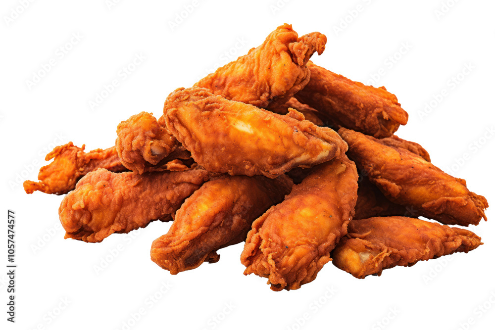 Pile of freshly cooked, perfectly seasoned fried chicken wings isolated on a white backdrop