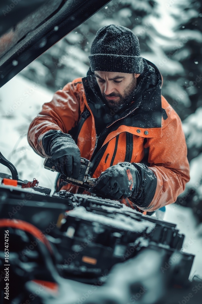 man replacing battery in car winter. Selective focus man replacing battery in car winter. Selective focus