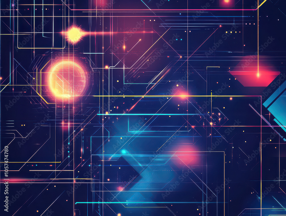 Fototapeta premium Abstract digital art featuring glowing lines and shapes in shades of blue, pink, and yellow.